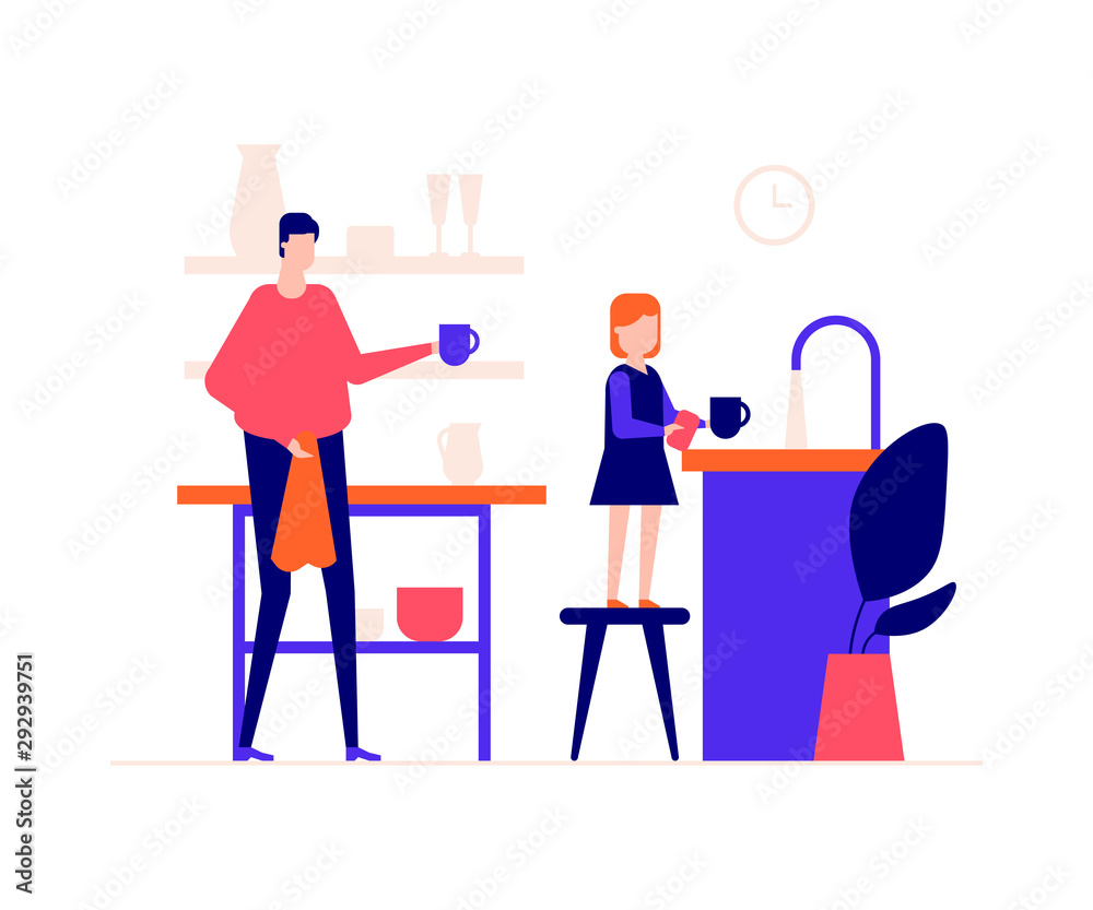 Father and daughter washing dishes flat vector illustration