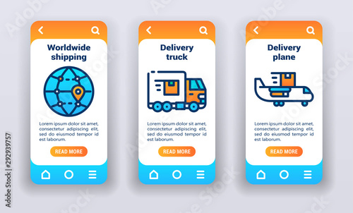 Global logistic on mobile app onboarding screens. UI UX GUI template