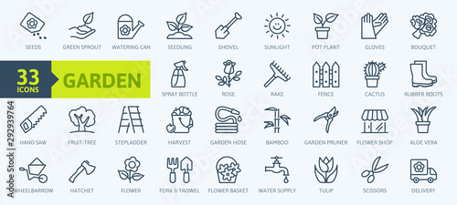 Flower and Gardening elements - minimal thin line web icon set. Outline icons collection. Simple vector illustration. photo