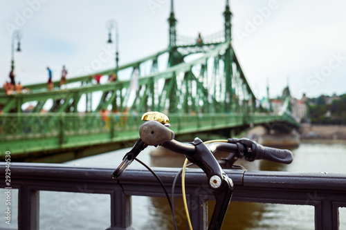Photography Bike on the background of the Liberty Bridge in Budapest