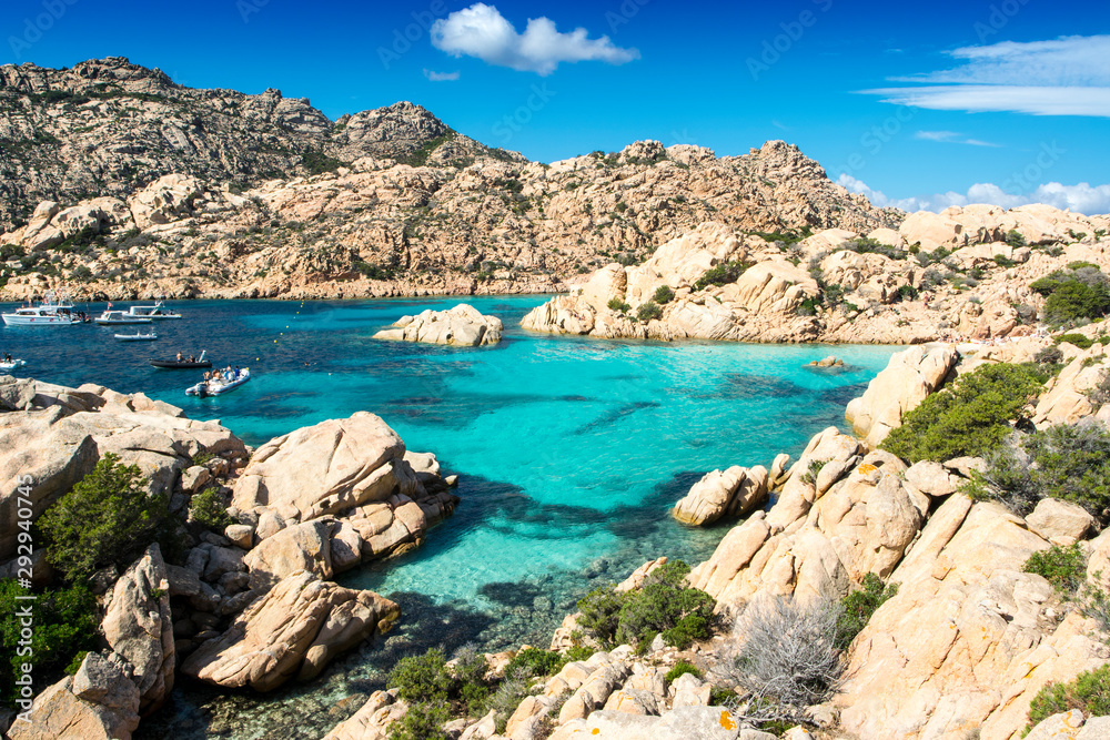 Fototapeta premium Panoramic view of Cala Coticcio on the island of Caprera, located in the La Maddalena archipelago national park, Sardinia