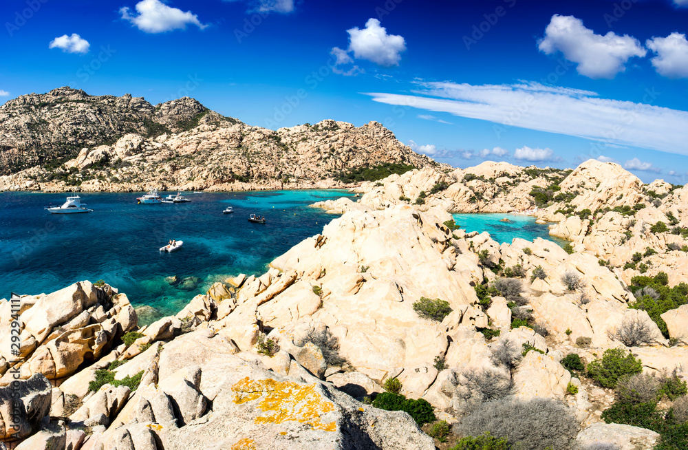 Panoramic view of Cala Coticcio on the island of Caprera, located in the La Maddalena archipelago national park, Sardinia
