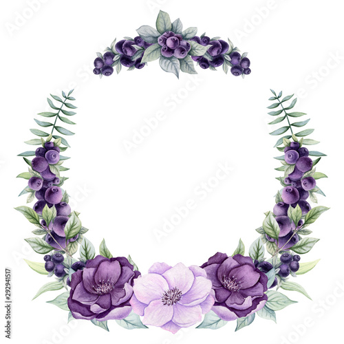 Wreath with Watercolor Purple Berries and Flowers