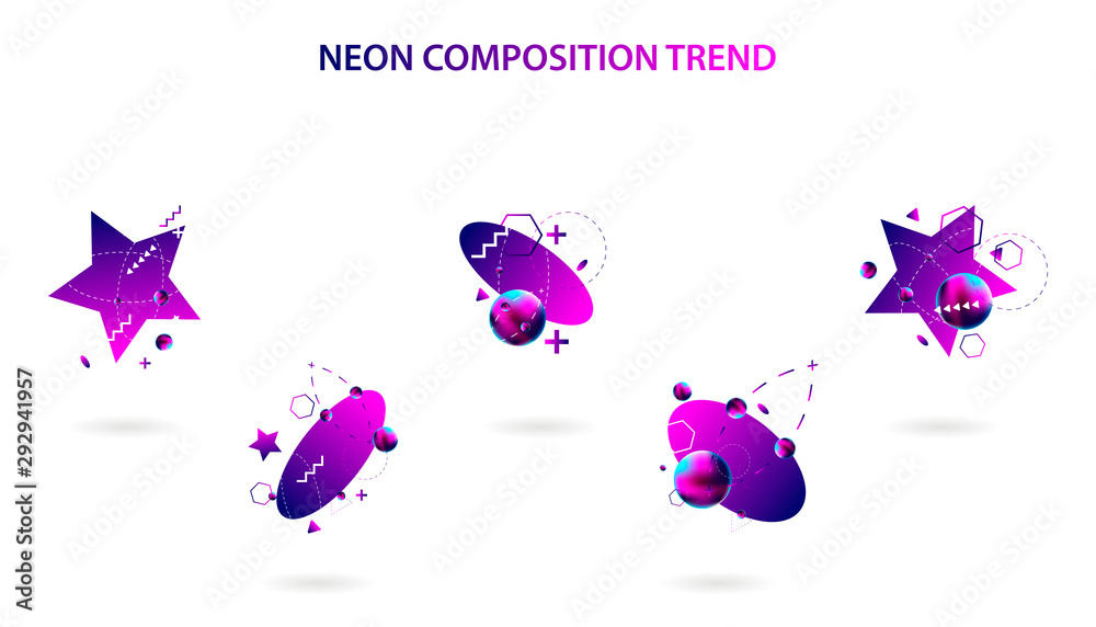 Set modern geometric space lines retro neon volume abstract set violet banner trend art hipster style white background