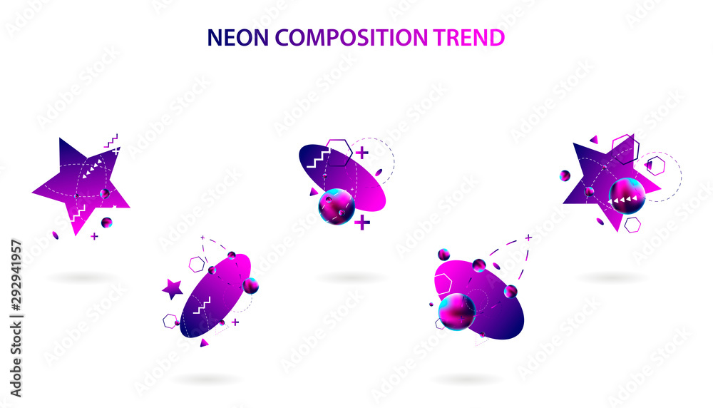 Set modern geometric space lines retro neon volume abstract set violet banner trend art hipster style white background Set modern geometric space lines retro neon volume abstract set violet banner trend art hipster style white background