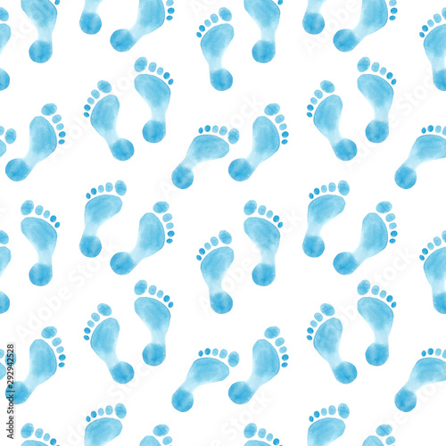 Blue baby boy footprint, watercolor hand drawn seamless pattern isolated on white color