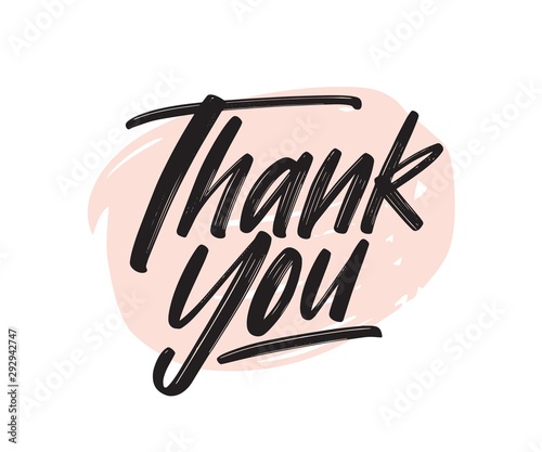 Thank you handwritten black ink lettering. Gratitude expression vector brush pen phrase. Thankfulness and appreciation words isolated on white background. Greeting card decorative calligraphy.