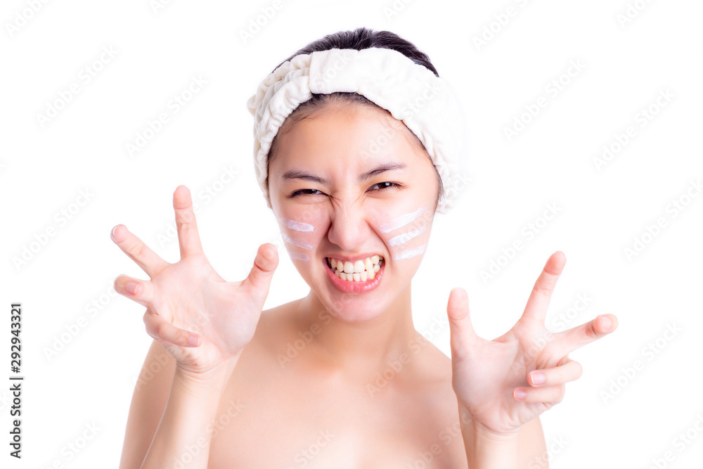 Pretty asian woman acting like a cat. Attractive beautiful asia woman apply face lotion, day cream or night cream on her beautiful face like a cat's whiskers. Lovely girl look so cute and funny Pretty asian woman acting like a cat. Attractive beautiful asia woman apply face lotion, day cream or night cream on her beautiful face like a cat's whiskers. Lovely girl look so cute and funny