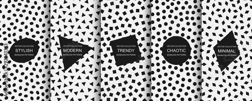 Collection of vector seamless simple patterns. Modern stylish textures with randomly disposed shapes. Repeating abstract minimalistic backgrounds. Trendy hipster prints