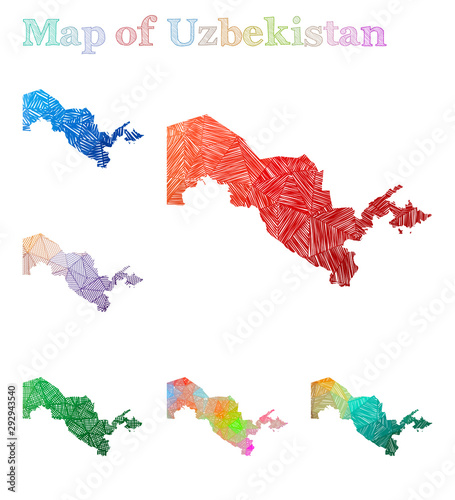 Hand-drawn map of Uzbekistan. Colorful country shape. Sketchy Uzbekistan maps collection. Vector illustration.