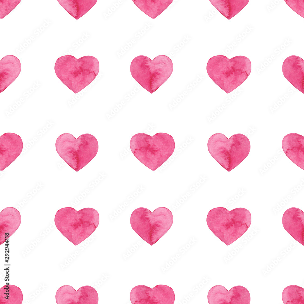 Watercolor hand painted seamless pattern with abstract pink hearts isolated on white background