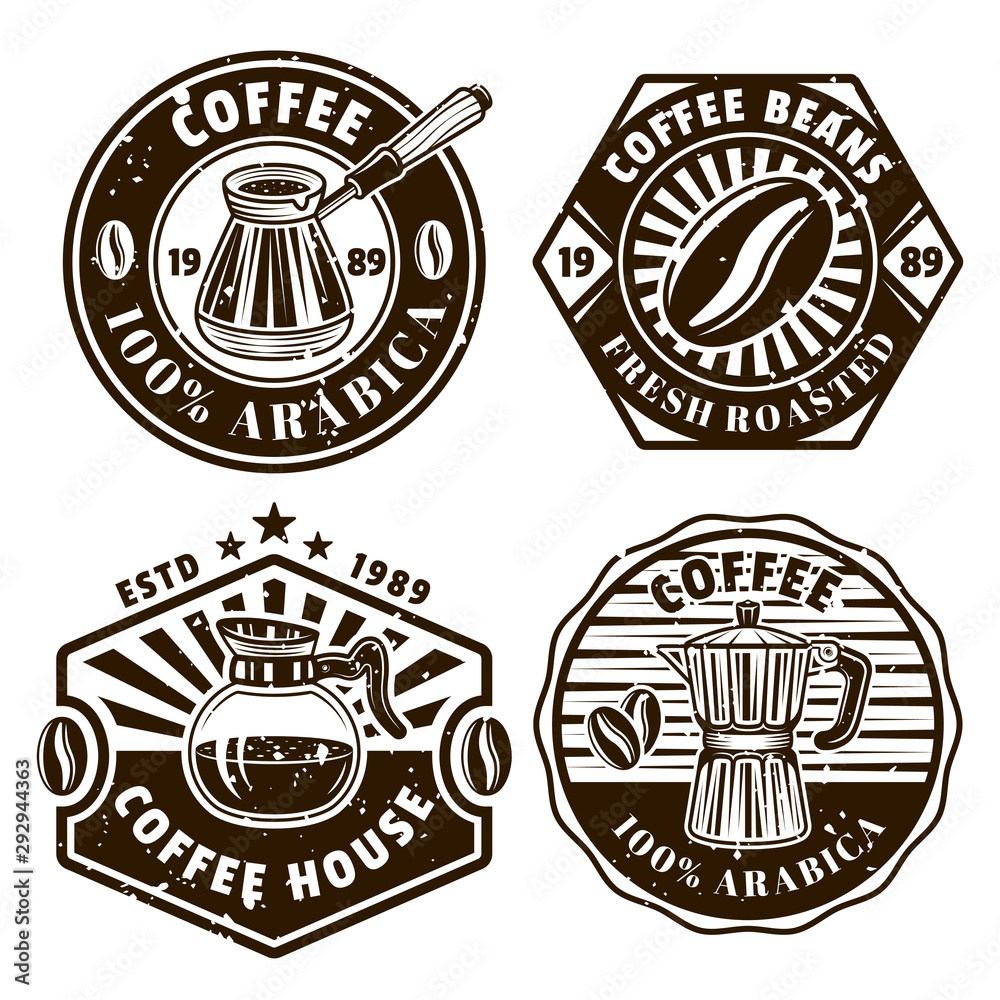 Coffee set of four vector emblems, badges, labels