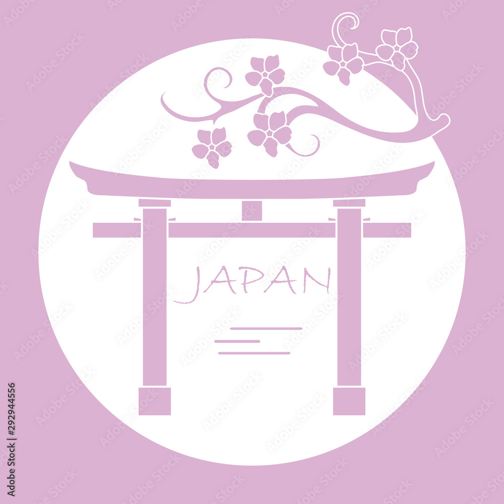 Branch of cherry blossoms and torii, ritual gates. Branch of cherry blossoms and torii, ritual gates.