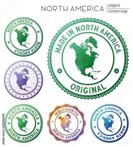 North America badge. Colorful polygonal continent symbol. Multicolored geometric North America logos set. Vector illustration.