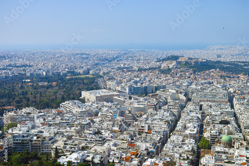 Athens in spring, view from hill,  cityscape with streets and buildings, ancient urbal culture © barmalini
