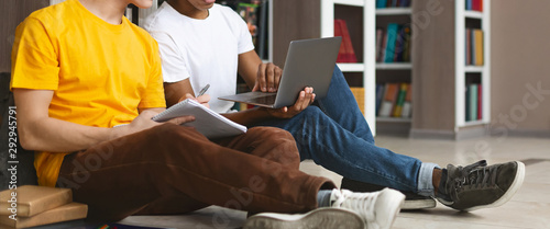 Two male students studying with laptop at library