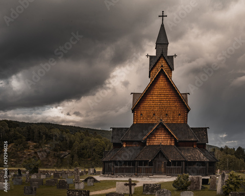 Stavkirke in Norway - old church with beautiful sky
