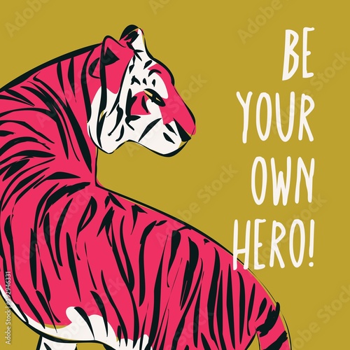 Hand drawn tiger with feminist phrase and message, girl power and feminism concept, flat vector illustration