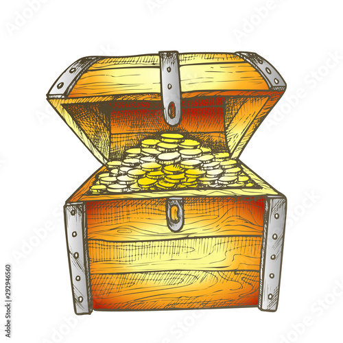 Treasure Chest Filled Golden Coins Color Vector. Ancient Open Wood Chest Container With Jewelry Precious. Wealth Engraving Mockup Hand Drawn In Retro Style Illustration