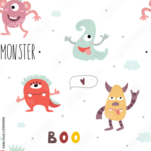 Funny monsters. Lovely seamless pattern for children designs. Sweet smiling creatures in bright colors in vector. Awesome childish background