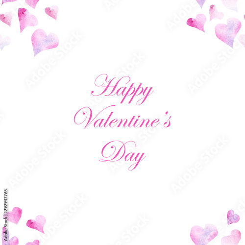 Watercolor hand painted romantic seamless pattern with pink hearts and happy Valentine's day text isolated on the white background for 14 february holiday celebration postcards, textile © Natalia