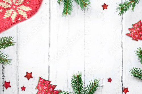 Christmas composition. Christmas decoration on white wooden background. Christmas, winter, new year concept. Flat lay, top view.
