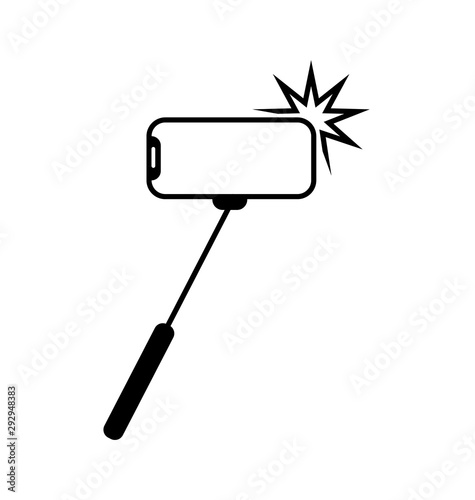 Selfie stick photo camera sign. Vector photography from a mobile phone. The smartphone is allowed. Monobreed selfie resolved symbol icon. Beware of selfie sticks.