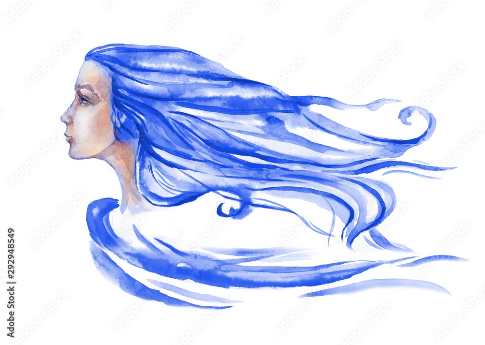 The face of a beautiful girl in profile with developing long hair in blue. Watercolor illustration on a white background.