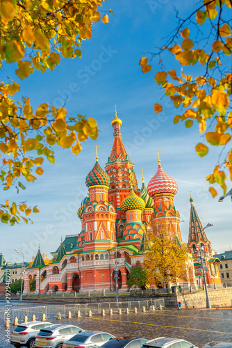 Panorama of the Church of St. Basil on a sunny autumn day. Red Square. The most popular attraction of Moscow. Russia