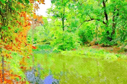 Watercolor paintings autumn landscape, river in the forest . Fine art.