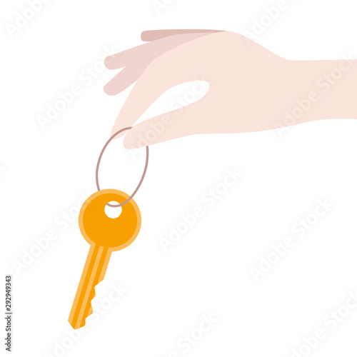 Buying, rental concept. Women holding key from new house, flat. Business, financial illustration.