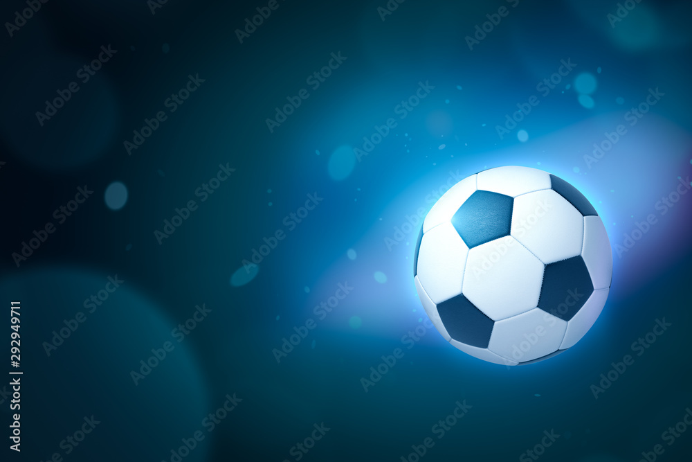 Naklejka premium 3d rendering of a football on gradient blue bokeh background with copy space.