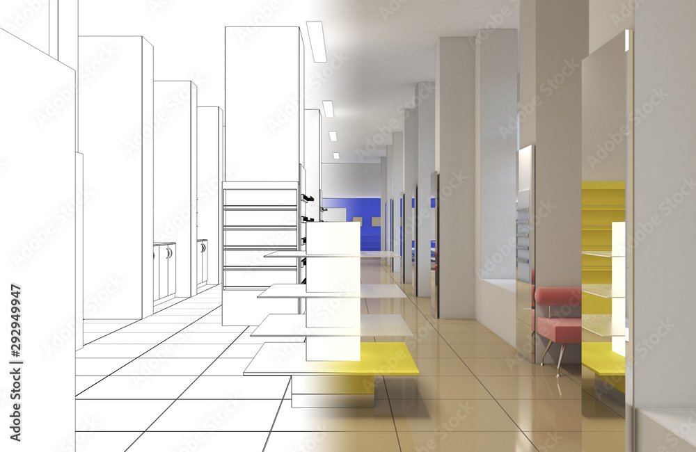 Fototapeta shopping mall, interior visualization, 3D illustration