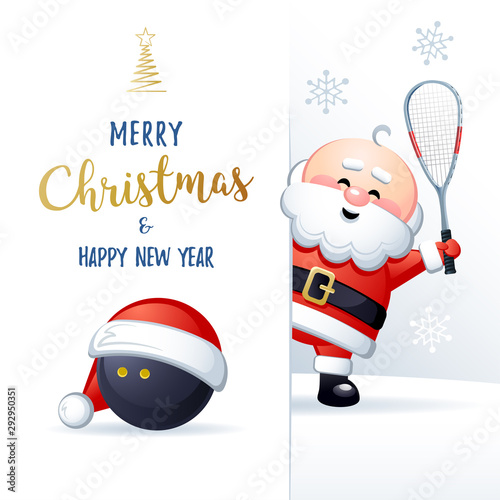 Merry Christmas and Happy New Year. Sports greeting card. Cute Santa Claus with Squash ball and Squash Racket. Vector illustration.
