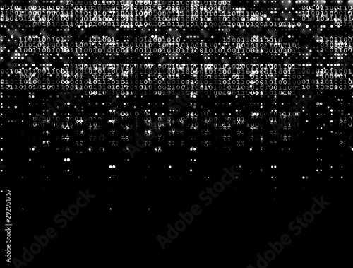 Cascading binary code data stream with white numbers on a black background