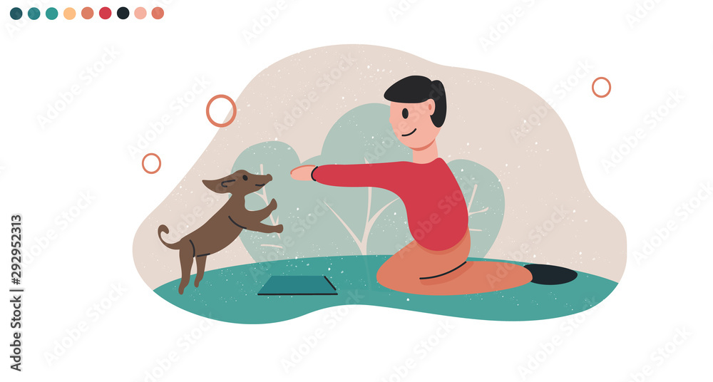 Boy takes care of puppy. Kindness. Vector illustration. Flat and cartoon style. Caring for homeless animals. Boy feeds dog. Volunteer. Boy takes care of puppy. Kindness. Vector illustration. Flat and cartoon style. Caring for homeless animals. Boy feeds dog. Volunteer.