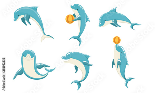 Funny Blue Dolphins Set, Cute Ocean Mammals Performing Tricks Vector Illustration