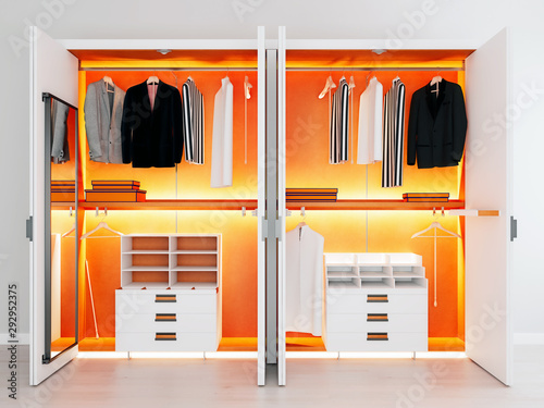 modern white orange wooden and metal wardrobe with men clothes hanging on rail in walk in closet design interior, 3d rendering
