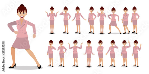 Businesswoman cartoon character set. Beautiful business woman in office style smart suit. Vector illustration