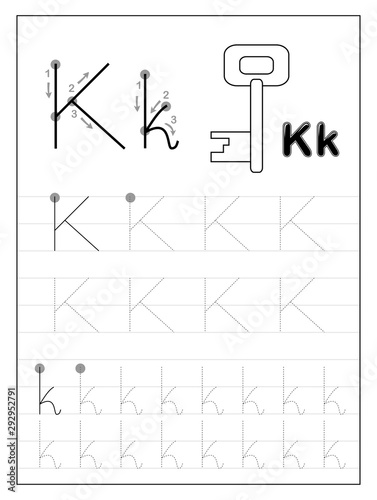 Tracing alphabet letter K. Black and white educational pages on line for kids. Printable worksheet for children textbook. Developing skills of writing. Vector for baby book. Back to school.