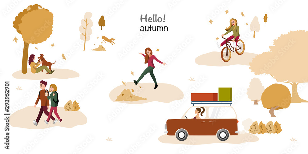 People in the autumn park having fun, kicking the leaf, riding bike, walking and drinking coffee, playing with dog and driving car in autumn leaves background. Set casual people in forest in fall