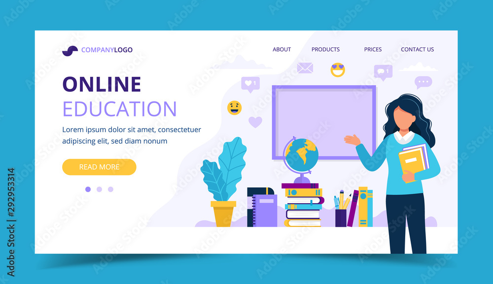 Online education landing page. Female teacher with books and chalkboard. Concept illustration for school, education, university. Vector illustration in flat style
