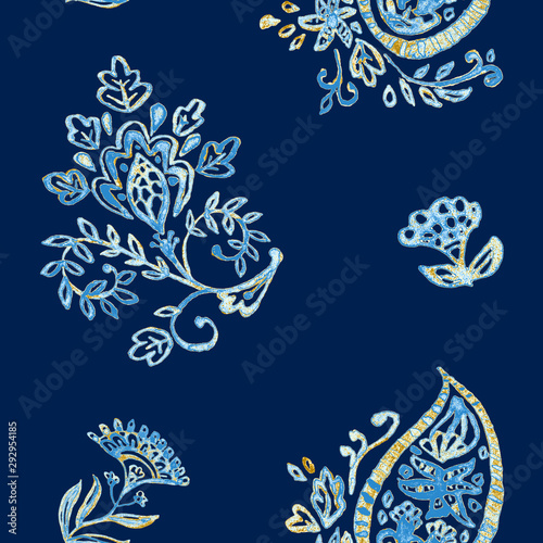 Hand drawn watercolor navy blue paisley seamless pattern for design. Beige flores elegant pattern for decorate ceramic tile, porcelain, wallpaper, fabric. Indian, asian tradition culture.