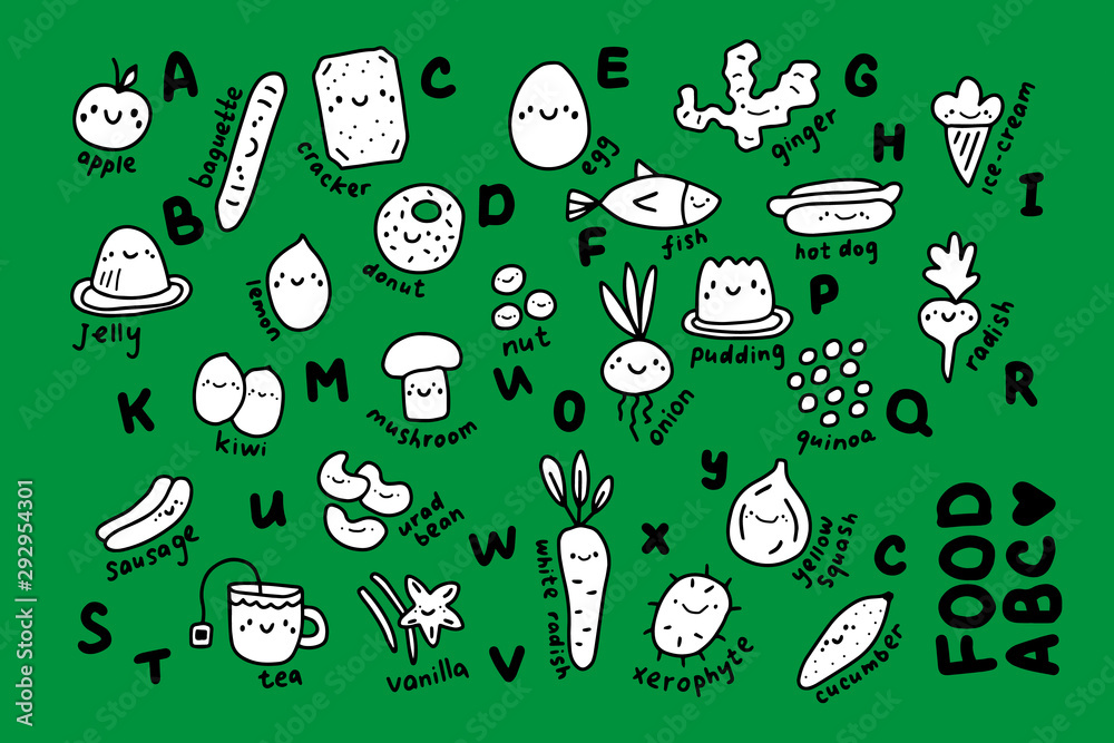 Big hand drawn alphabet abc set of food in cartoon style illustration