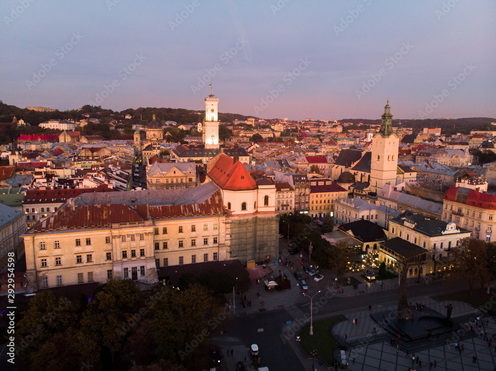 aerial view of old historical european city sunset time