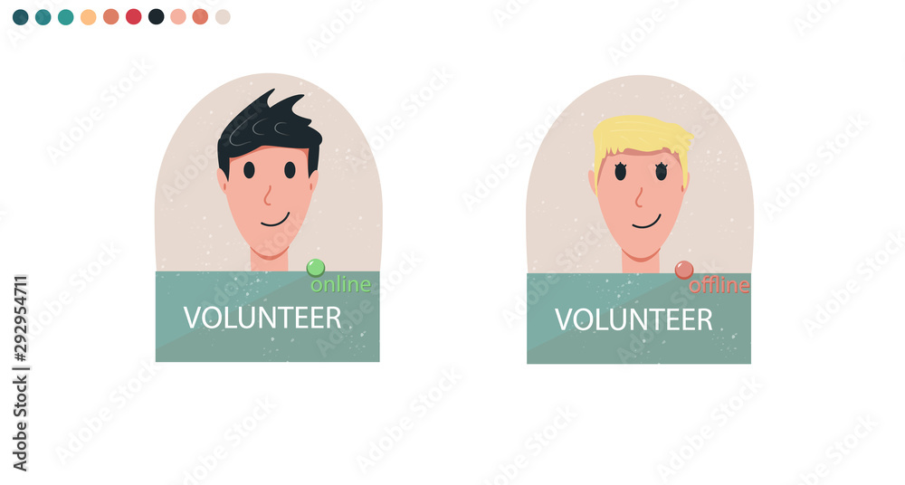 Online volunteer. Application or program. Set of avatars. The face of young guy and girl in cartoon style. Flat. Vector illustration.