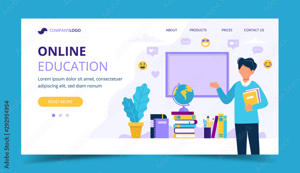 Online education landing page. Male teacher with books and chalkboard. Concept illustration for school, education, university. Vector illustration in flat style