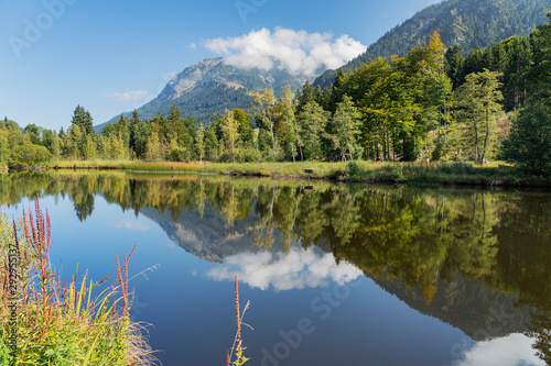 Oberstdorf - View to Lake Moorweiher with Nebelhorn mountain reflected on the water   Bavaria   Germany