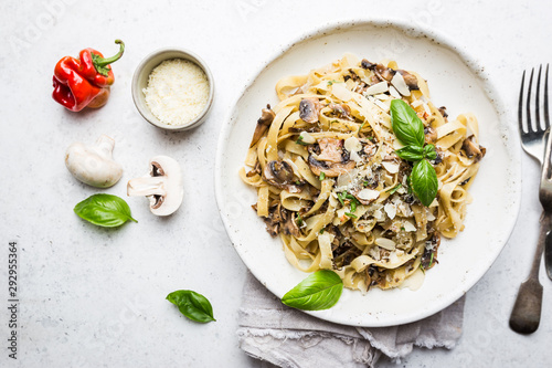 Tagliatelle pasta with mushrooms, cheese and Basil Leaf on white plate, top view photo