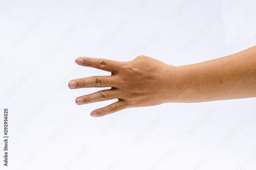 Close up of hand with show four fingers up in the peace , Isolated on white background, place for text or sign. Positive concept. Close up of hand with show four fingers up in the peace , Isolated on white background, place for text or sign. Positive concept.
